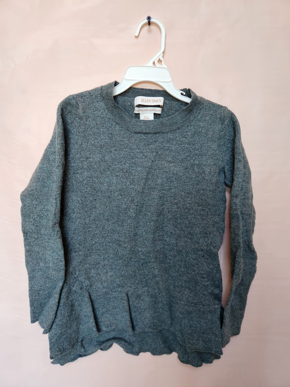 Ellen Tracy 100% Wool Girls Long Sleeve Heathered Grey Top